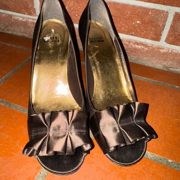 Stuart Weitzman Brown Satin Peep-Toe Heels with Ruffle - Picture 11 of 11